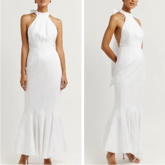 NWT Dissh Aisle White Linen High Neck Maxi Dress Gown Halter White Classic - Picture 3 of 11